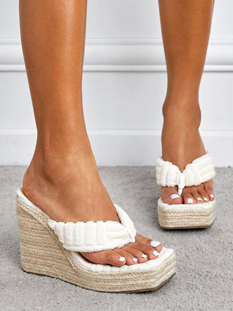 Damen-plateau-espadrille-keil-tanga-sandalen - Weiß