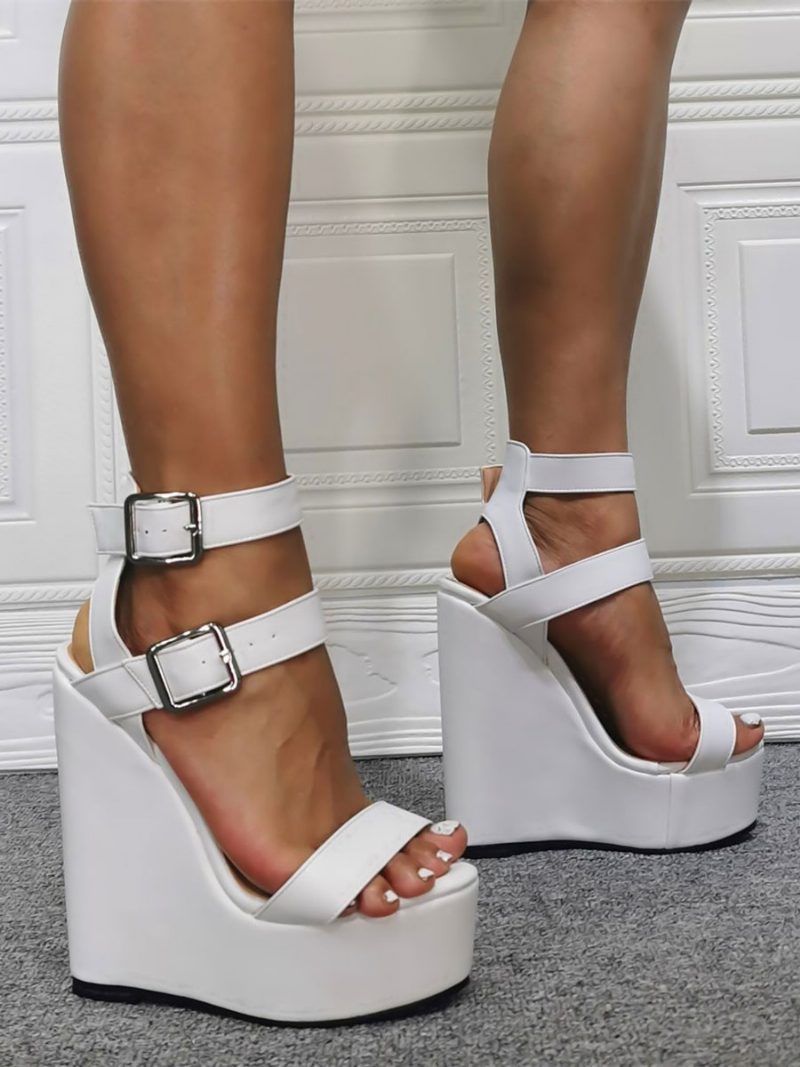 Damen-sandalen Mit Sexy Absatz Weißes Pu-leder Keilabsatz Schuhe Übergröße - Weiß