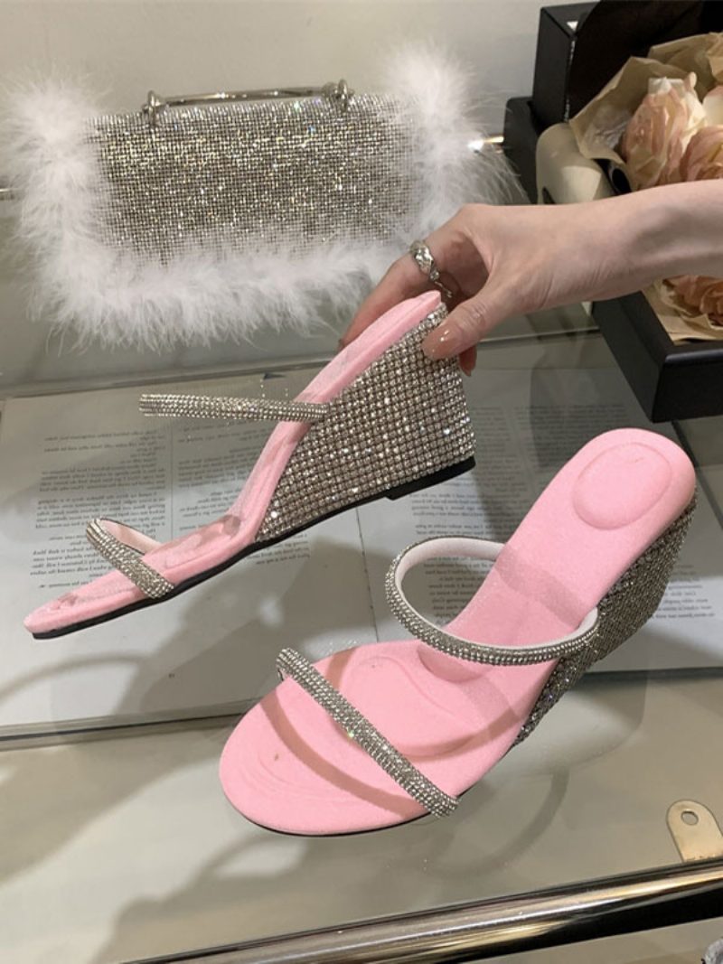 Damen-slingbacks Mit Strasssteinen Und Keilabsatz Aus Pu-leder - Rosa