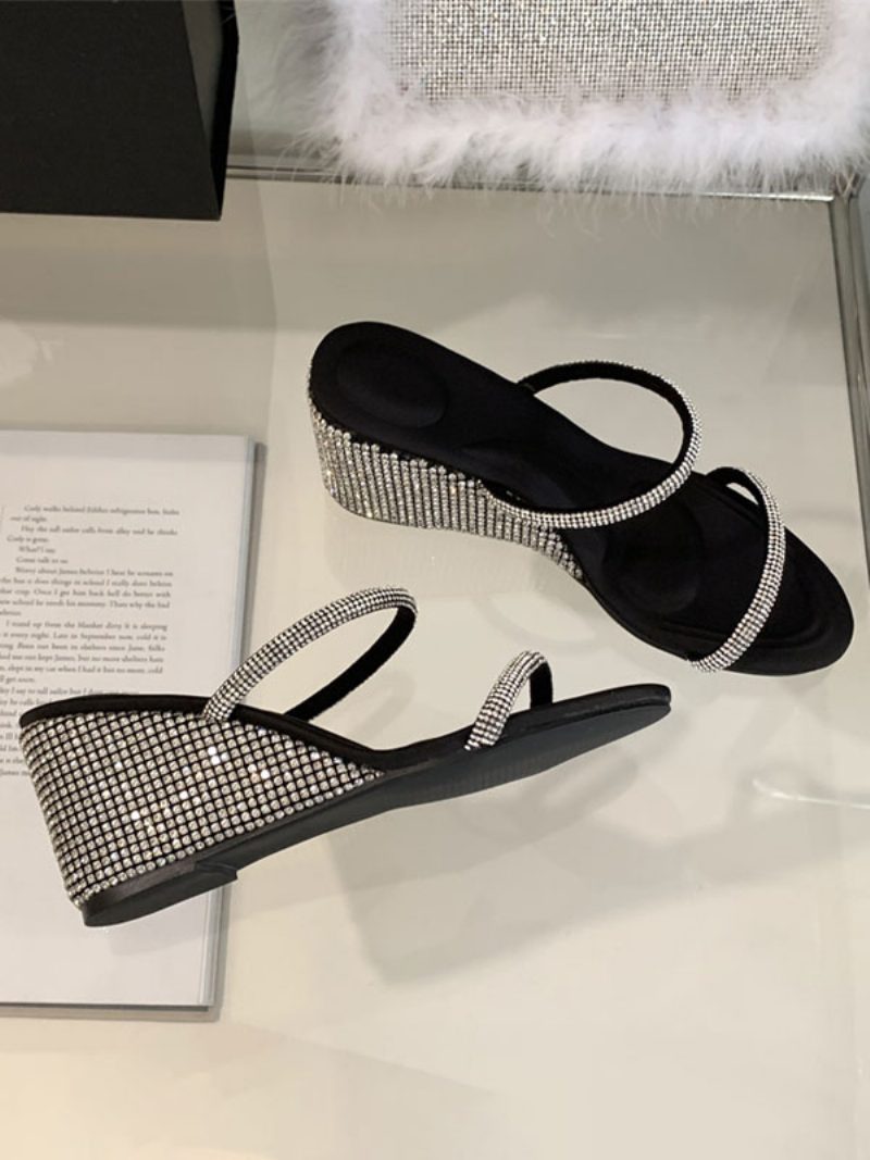 Damen-slingbacks Mit Strasssteinen Und Keilabsatz Aus Pu-leder - Schwarz