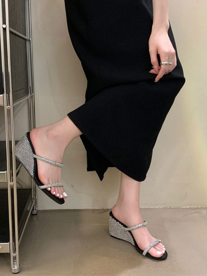 Damen-slingbacks Mit Strasssteinen Und Keilabsatz Aus Pu-leder - Schwarz