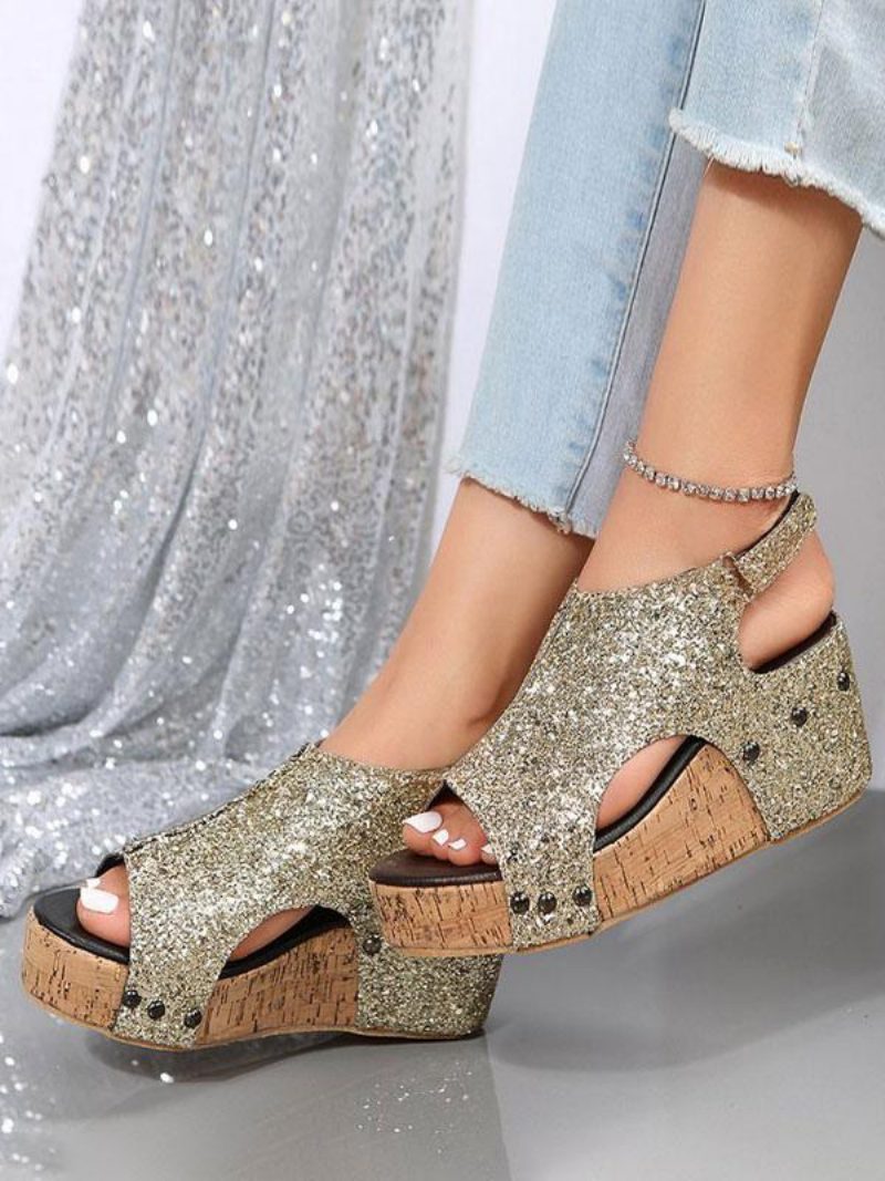 Goldglitzernde Plateau-keilsandalen Für Damen - Gold