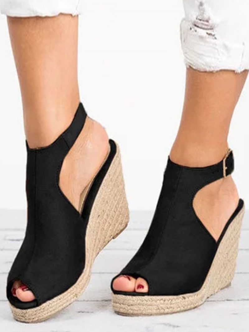 Offene Terry-wedge-espadrilles-sandalen Für Damen - Schwarz