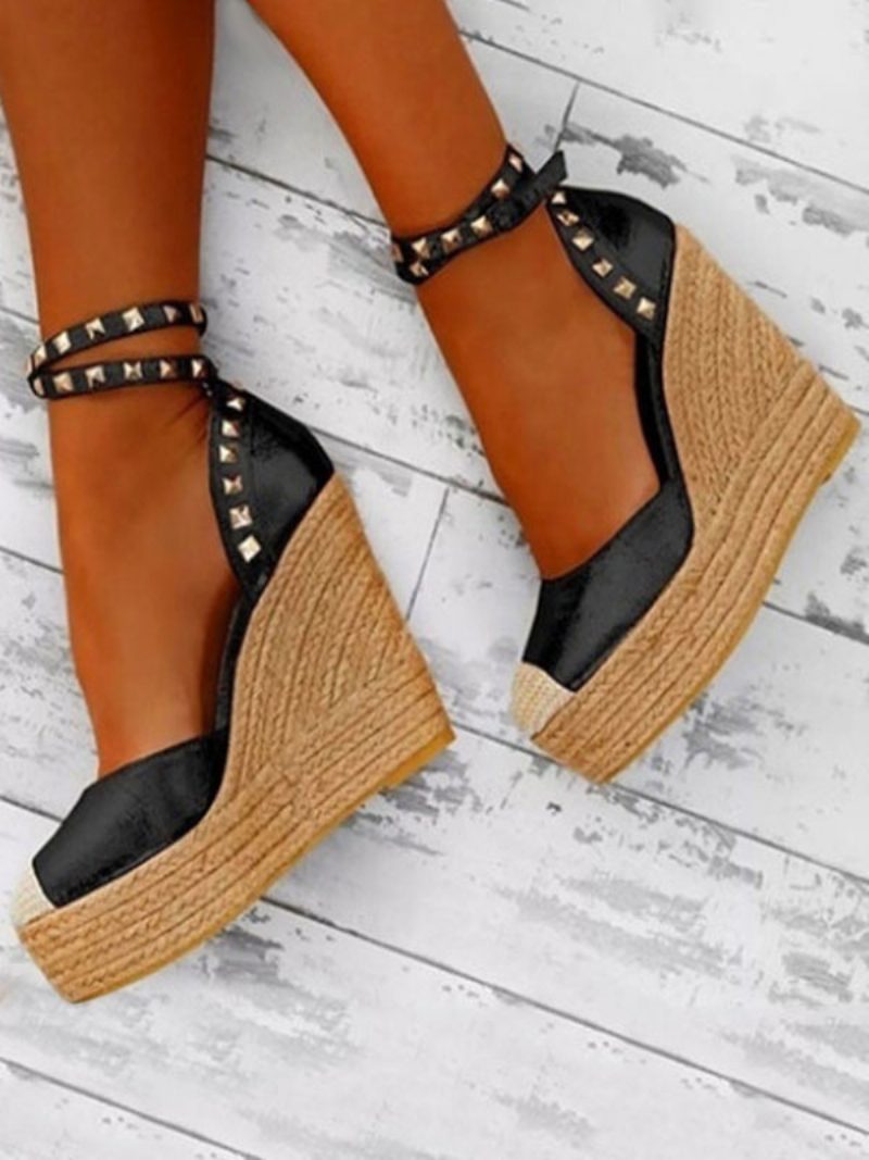 Schwarze Keilsandalen Mit Runder Zehenpartie Plateaunieten Knöchelriemen-espadrilles Für Damen