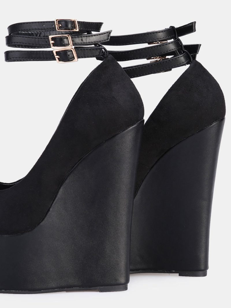 Sexy Plateau-keilabsatz-pumps Für Damen Aus Wildleder Mit Peep-toe-knöchelriemen Und Keilabsatz Schwarz - Schwarz