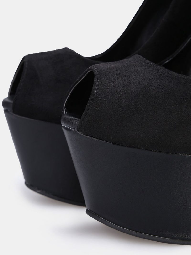 Sexy Plateau-keilabsatz-pumps Für Damen Aus Wildleder Mit Peep-toe-knöchelriemen Und Keilabsatz Schwarz - Schwarz