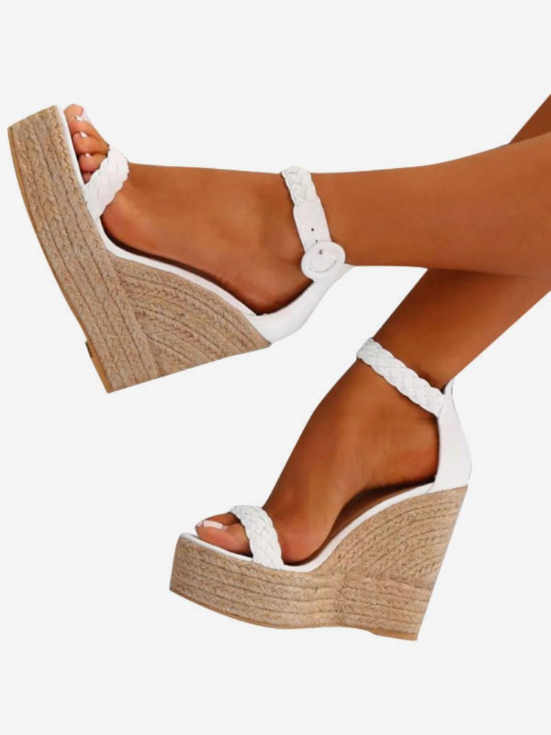 Weiße Damen-keilsandalen Damen-espadrille-sandalen Mit Offener Zehenpartie Und Schnallendetail