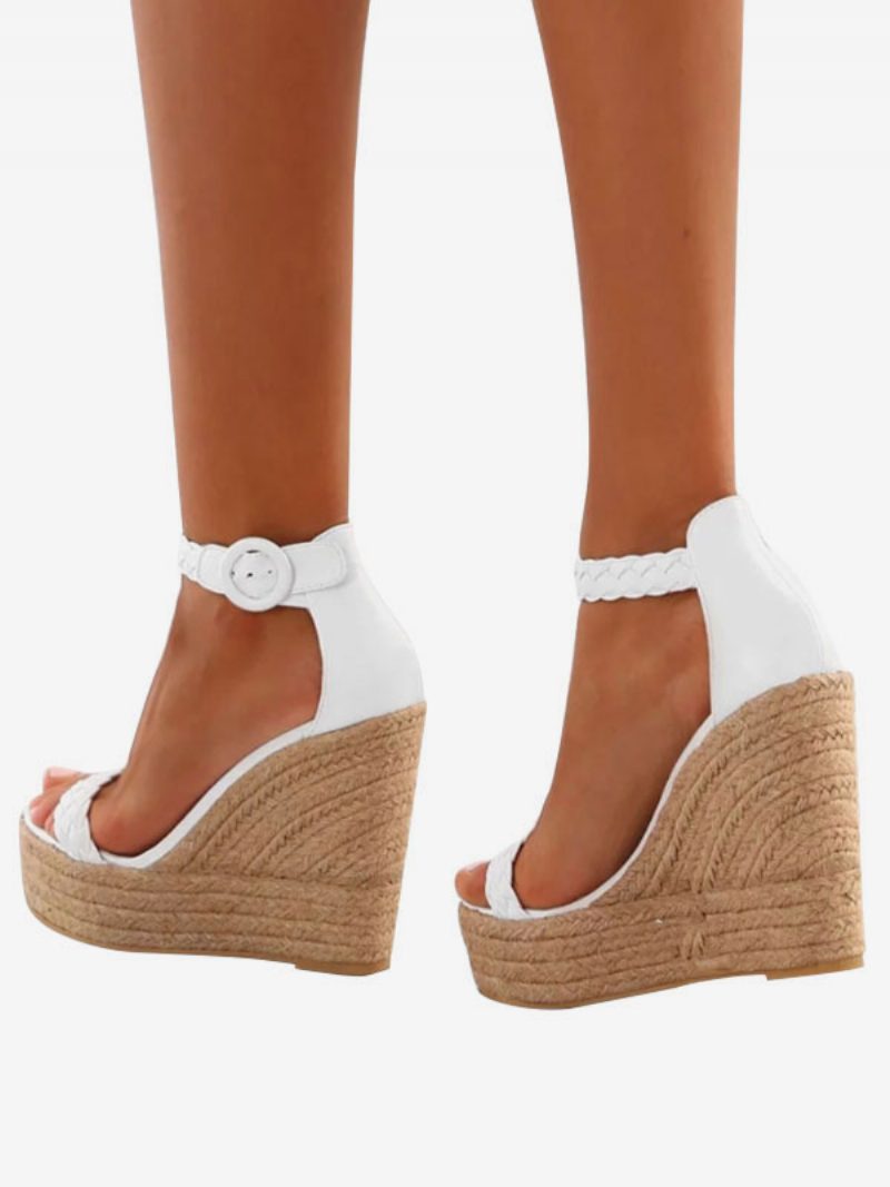 Weiße Damen-keilsandalen Damen-espadrille-sandalen Mit Offener Zehenpartie Und Schnallendetail - Weiß