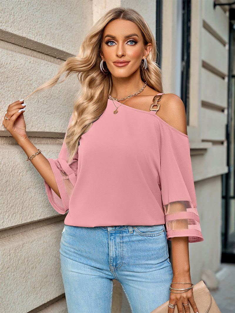 Halbarm-t-shirts Blau-graues One-shoulder-t-shirt Für Damen - Rosa