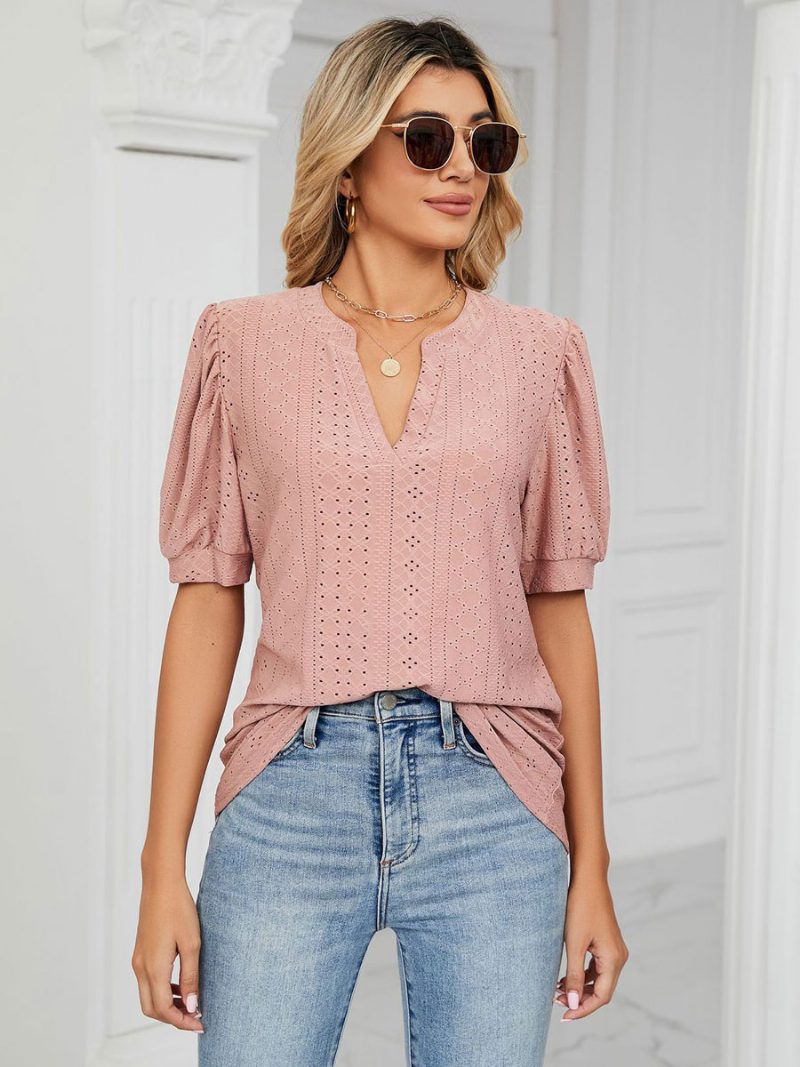 Kurzärmliges T-shirt Blush Pink Mit V-ausschnitt Für Damen