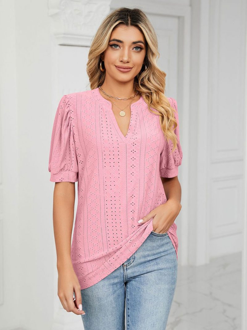 Kurzärmliges T-shirt Blush Pink Mit V-ausschnitt Für Damen - Rosa