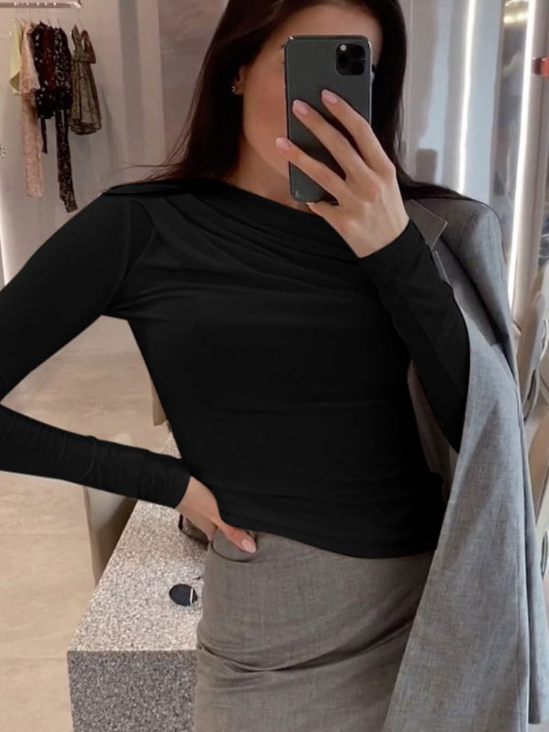 Sexy Layering-top Für Damen Mit Juwel-ausschnitt Und Langen Ärmeln Plissiertes Unterhemd - Schwarz