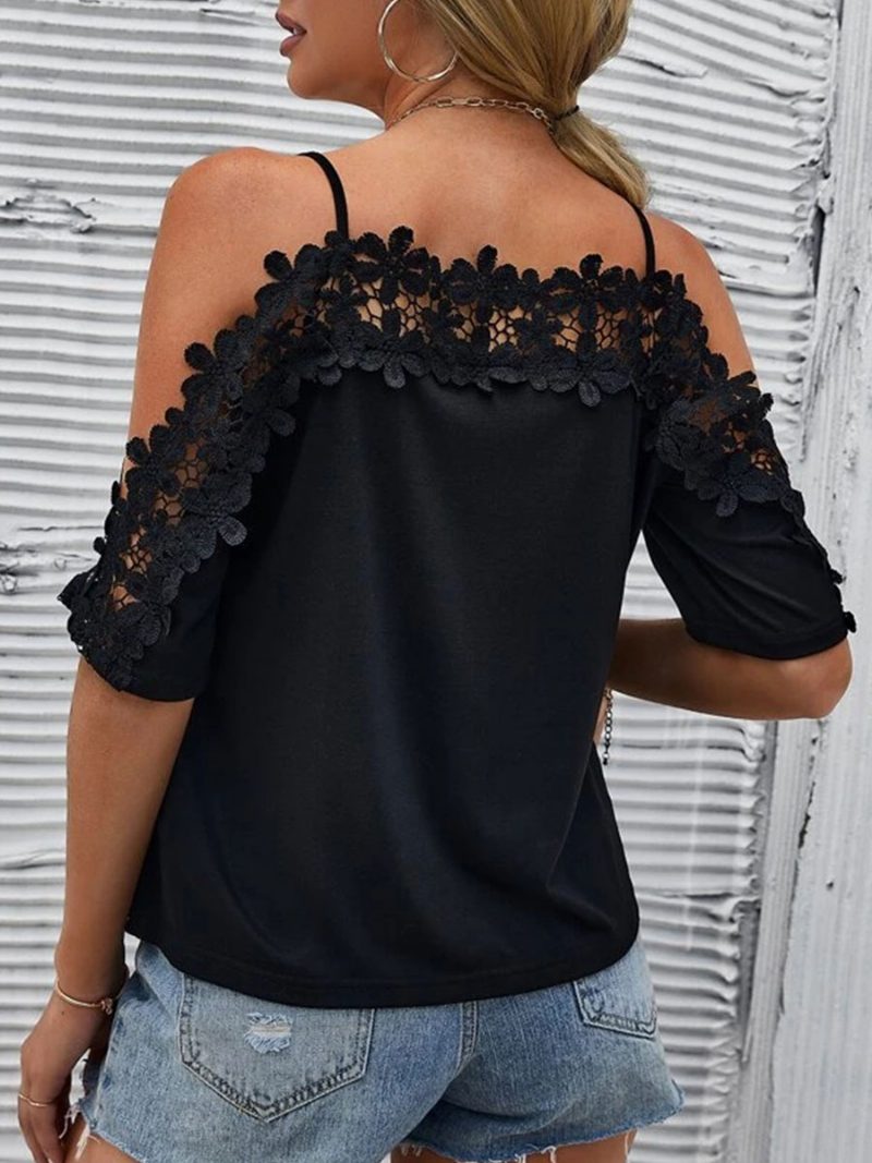 Sexy Top Für Damen Bateau-ausschnitt Halbe Ärmel Ausgeschnittene Sommer-tops - Schwarz