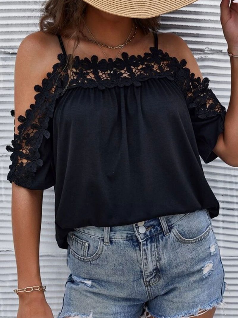 Sexy Top Für Damen Bateau-ausschnitt Halbe Ärmel Ausgeschnittene Sommer-tops - Schwarz