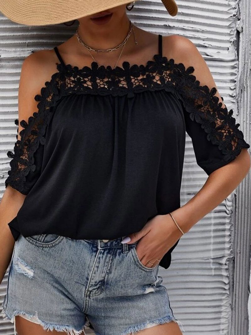 Sexy Top Für Damen Bateau-ausschnitt Halbe Ärmel Ausgeschnittene Sommer-tops - Schwarz