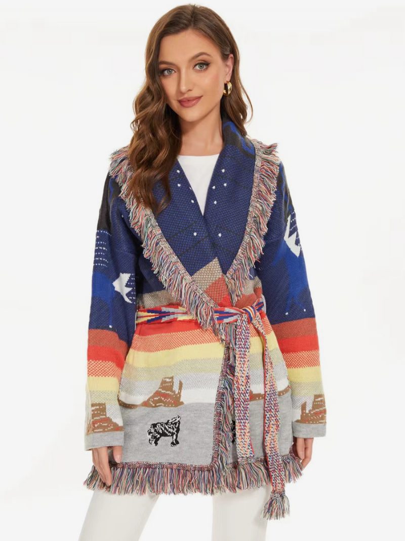 Blauer Jacquard-cardigan Für Damen Mit Quastenbesatz Und Gürtel Aus Wollmischung Im Boho-stil