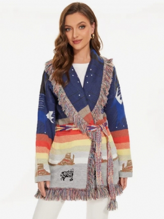 Blauer Jacquard-cardigan Für Damen Mit Quastenbesatz Und Gürtel Aus Wollmischung Im Boho-stil