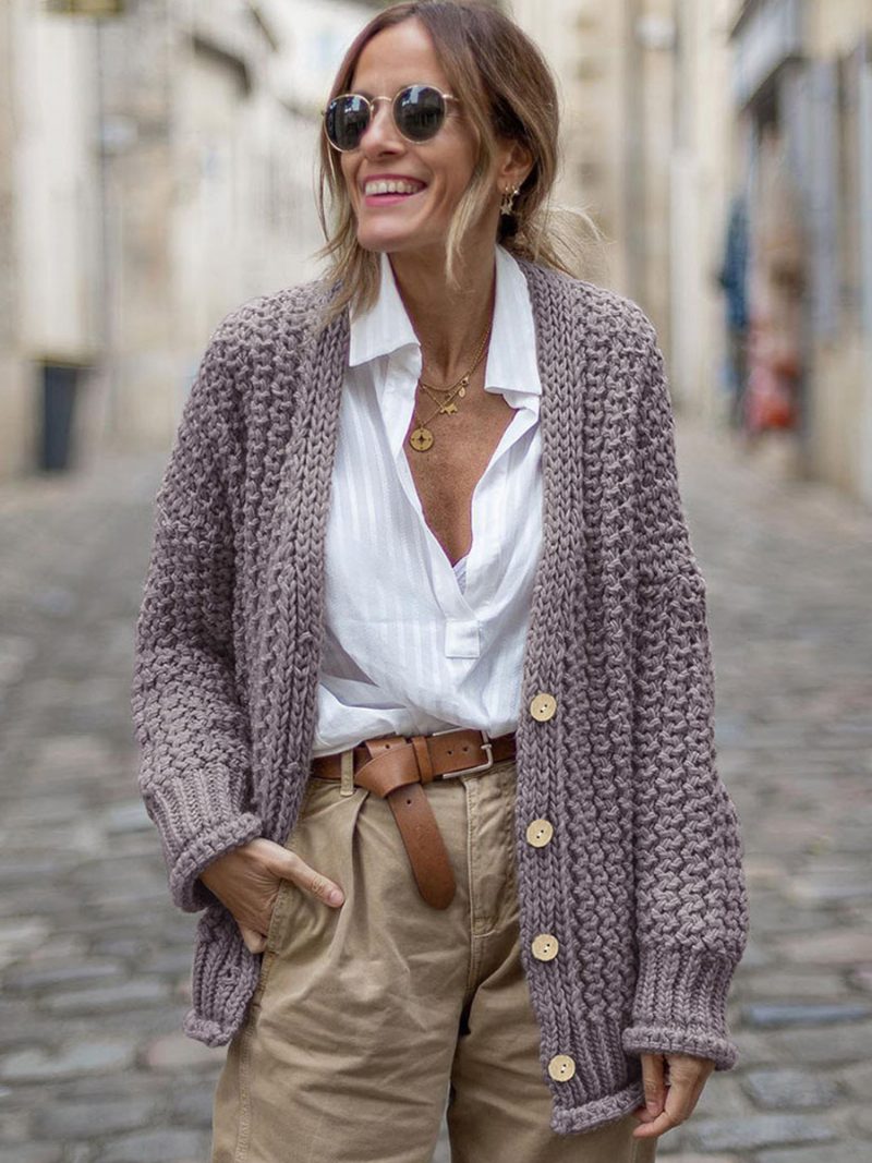 Damen-cardigans Mit Zopfmuster Tiefe Schulterpartie Knöpfe Vorne Herbst- Und Frühlings-cardigan - Lavendel