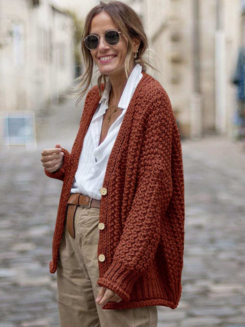 Damen-cardigans Mit Zopfmuster Tiefe Schulterpartie Knöpfe Vorne Herbst- Und Frühlings-cardigan - Burgund