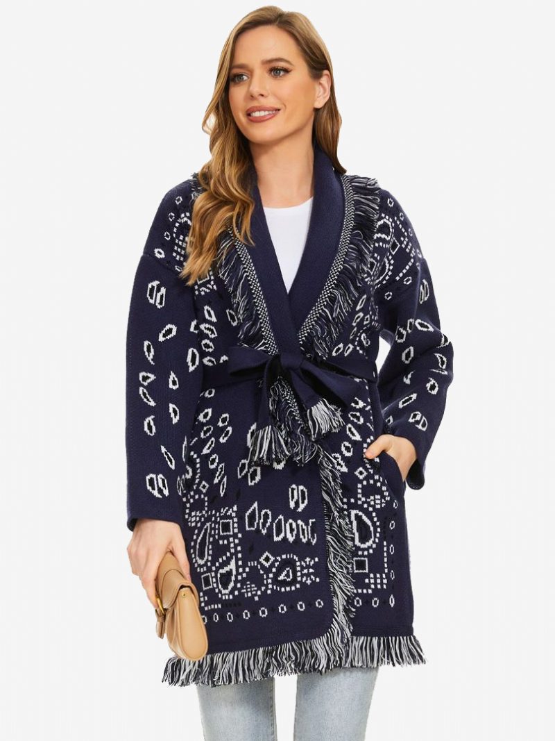 Damen-jacquard-cardigans Paisley-inspirierter Boho-pullover Aus Wollmischung Mit Quastenbesatz Und Gürtel - Dunkles Marineblau