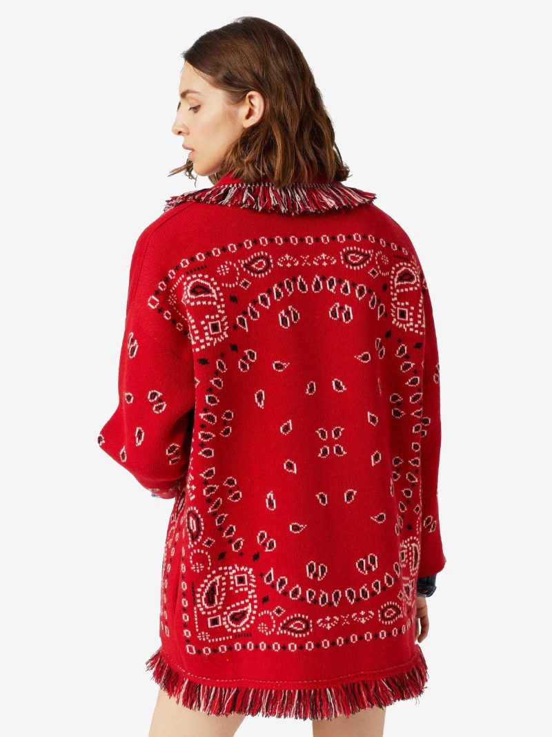 Damen-jacquard-cardigans Paisley-inspirierter Boho-pullover Aus Wollmischung Mit Quastenbesatz Und Gürtel - Rot