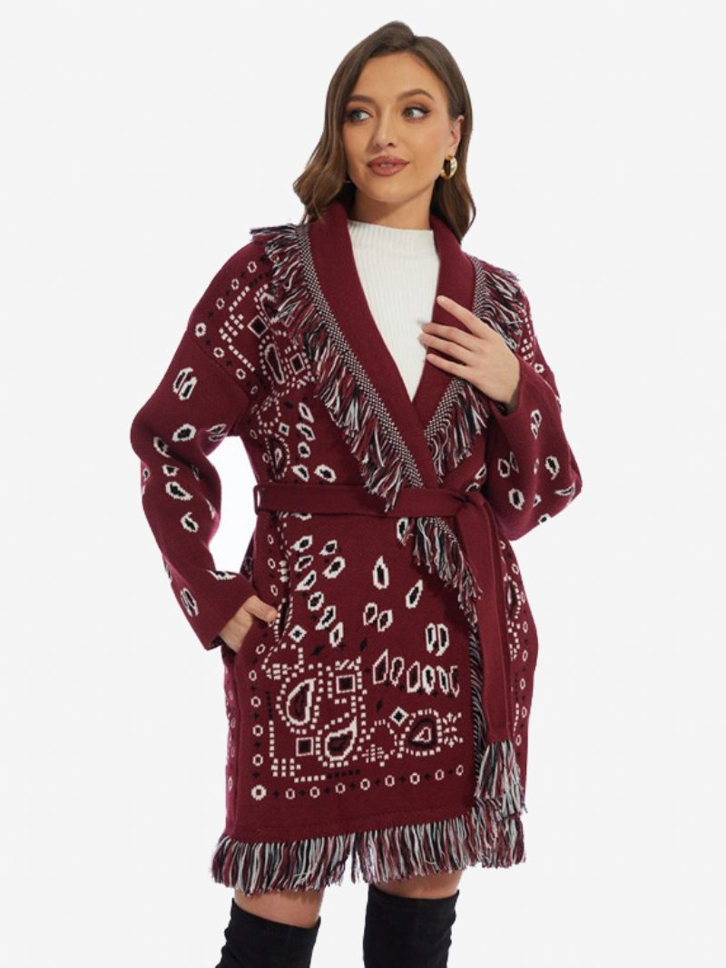 Damen-jacquard-cardigans Paisley-inspirierter Boho-pullover Aus Wollmischung Mit Quastenbesatz Und Gürtel - Burgund