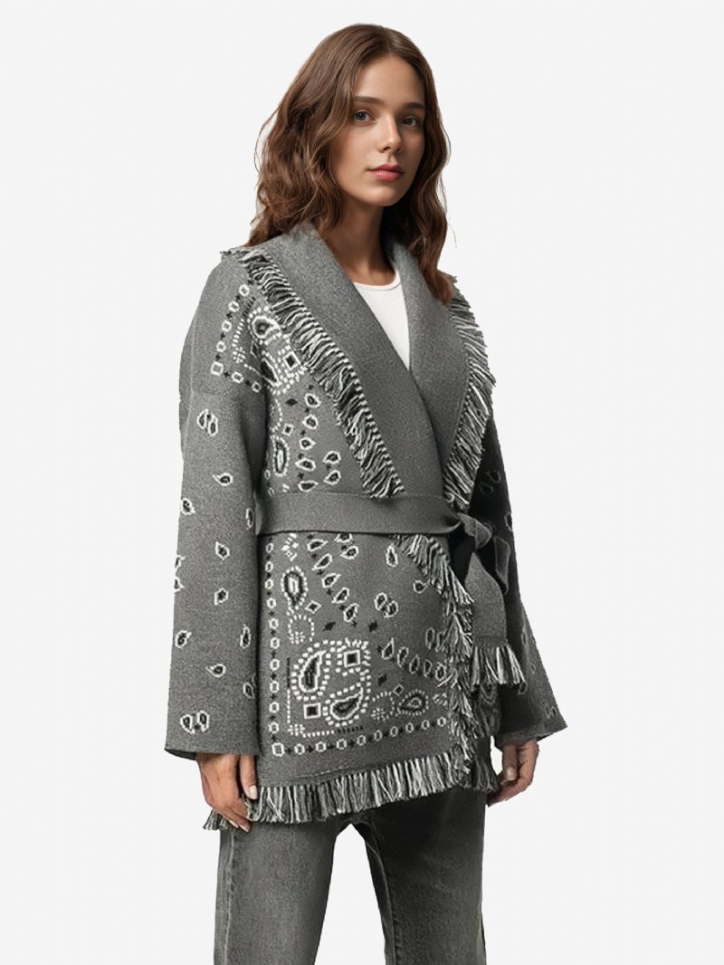 Damen-jacquard-cardigans Paisley-inspirierter Boho-pullover Aus Wollmischung Mit Quastenbesatz Und Gürtel - Grau