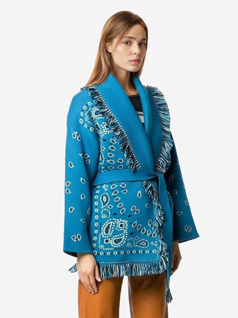 Damen-jacquard-cardigans Paisley-inspirierter Boho-pullover Aus Wollmischung Mit Quastenbesatz Und Gürtel - Blaugrün