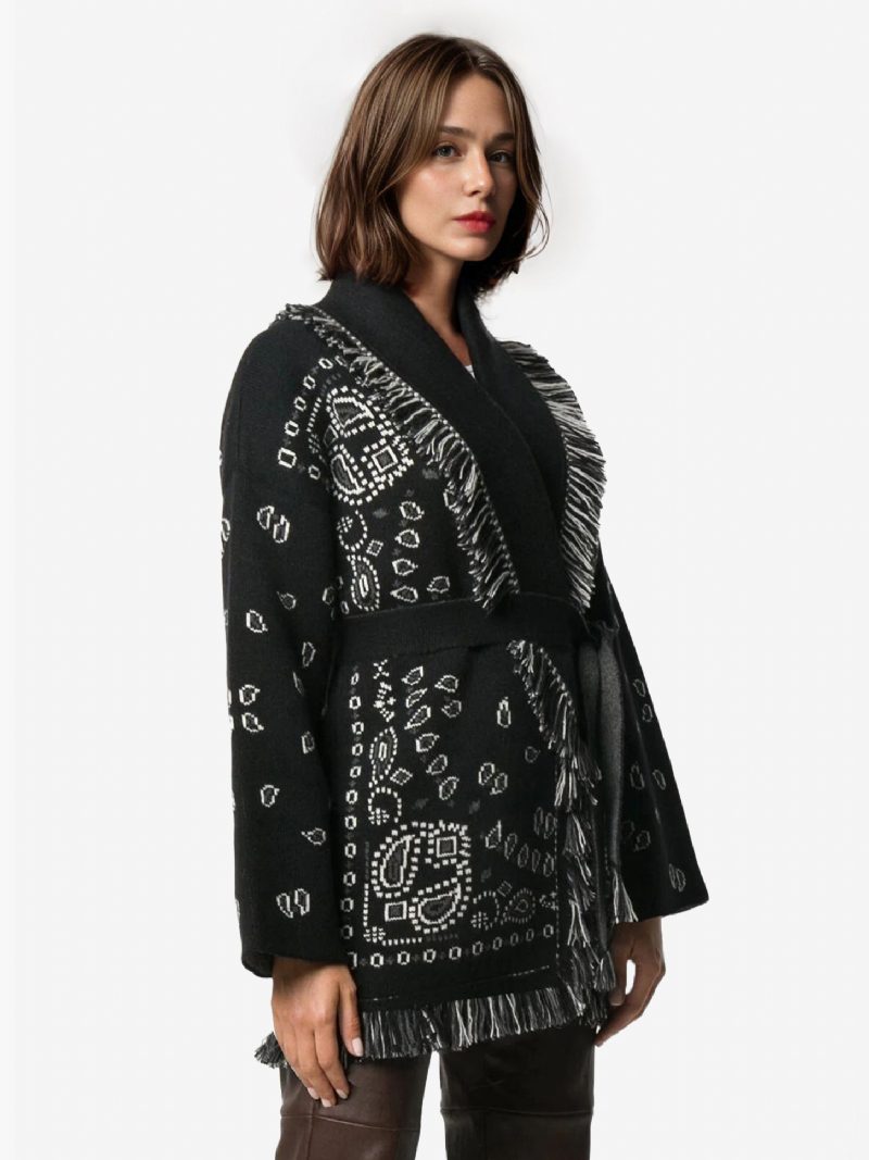 Damen-jacquard-cardigans Paisley-inspirierter Boho-pullover Aus Wollmischung Mit Quastenbesatz Und Gürtel - Schwarz