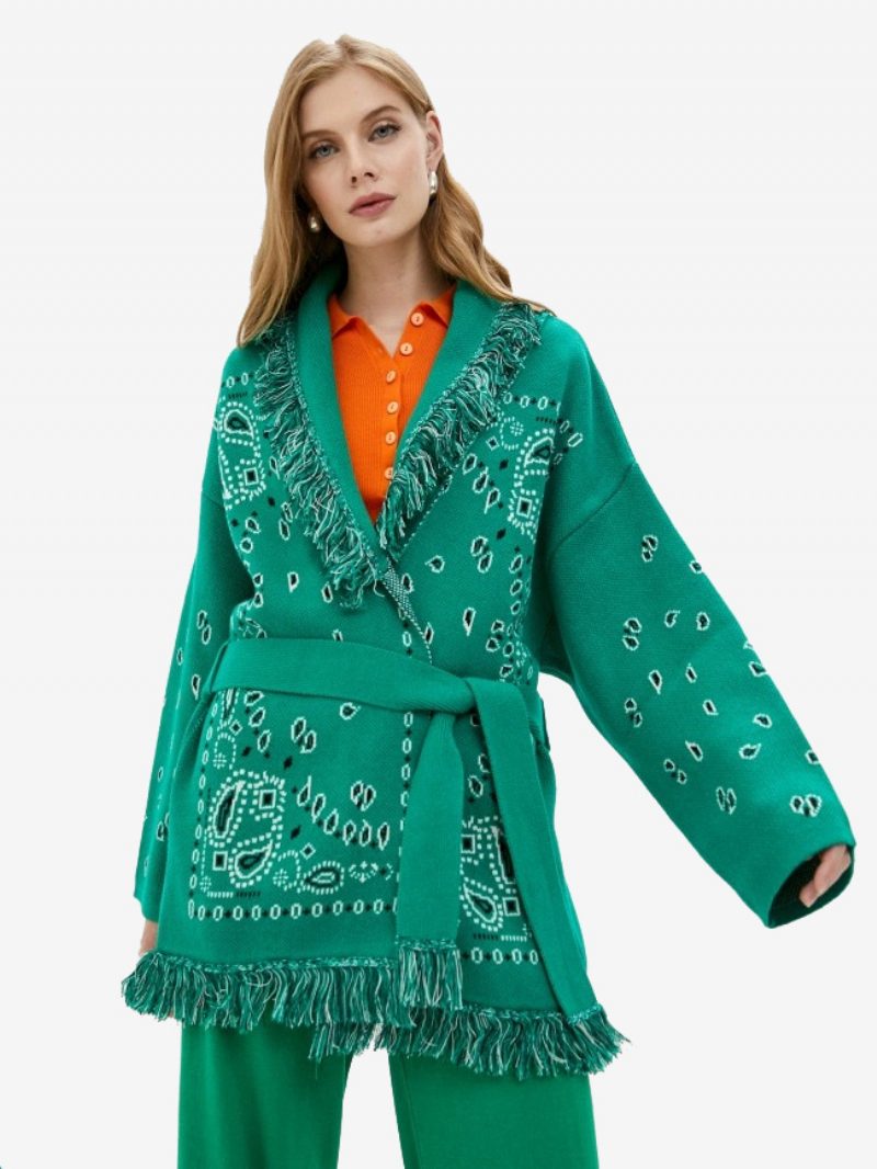 Damen-jacquard-cardigans Paisley-inspirierter Boho-pullover Aus Wollmischung Mit Quastenbesatz Und Gürtel - Dunkelgrün