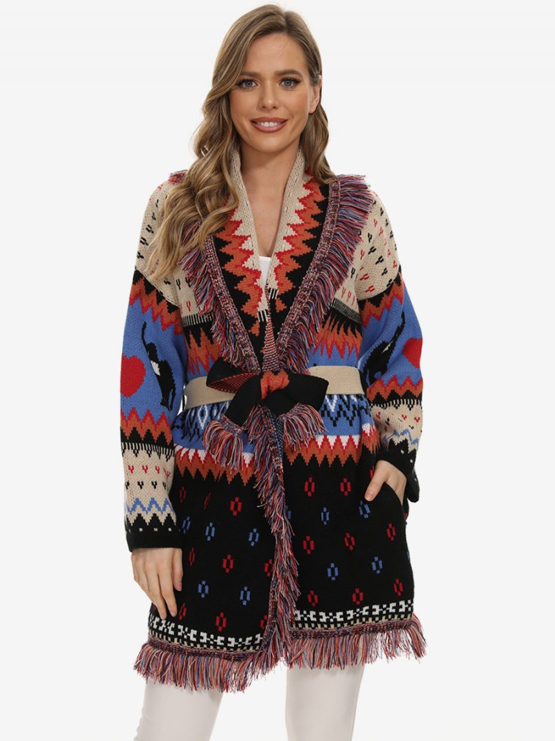 Damen-jacquard-cardigans Quastenbesatz Gürtel Tiermuster Geometrisch Boho-pullover