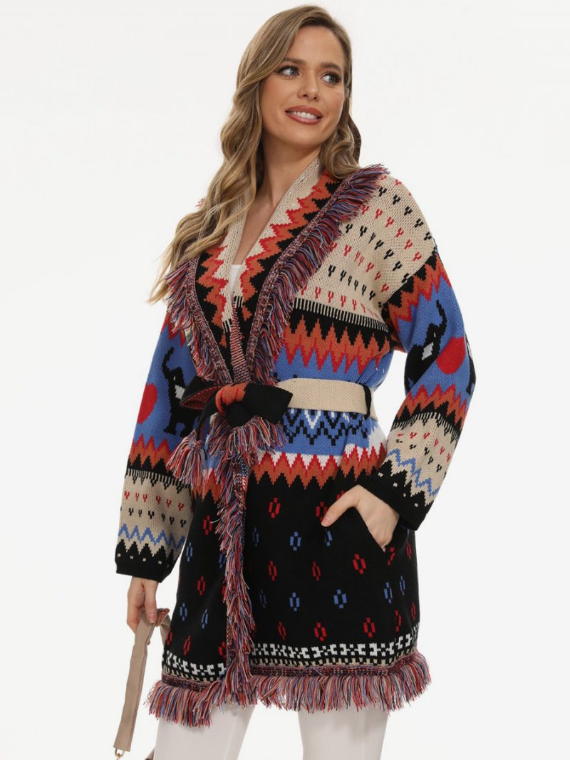 Damen-jacquard-cardigans Quastenbesatz Gürtel Tiermuster Geometrisch Boho-pullover - Schwarz