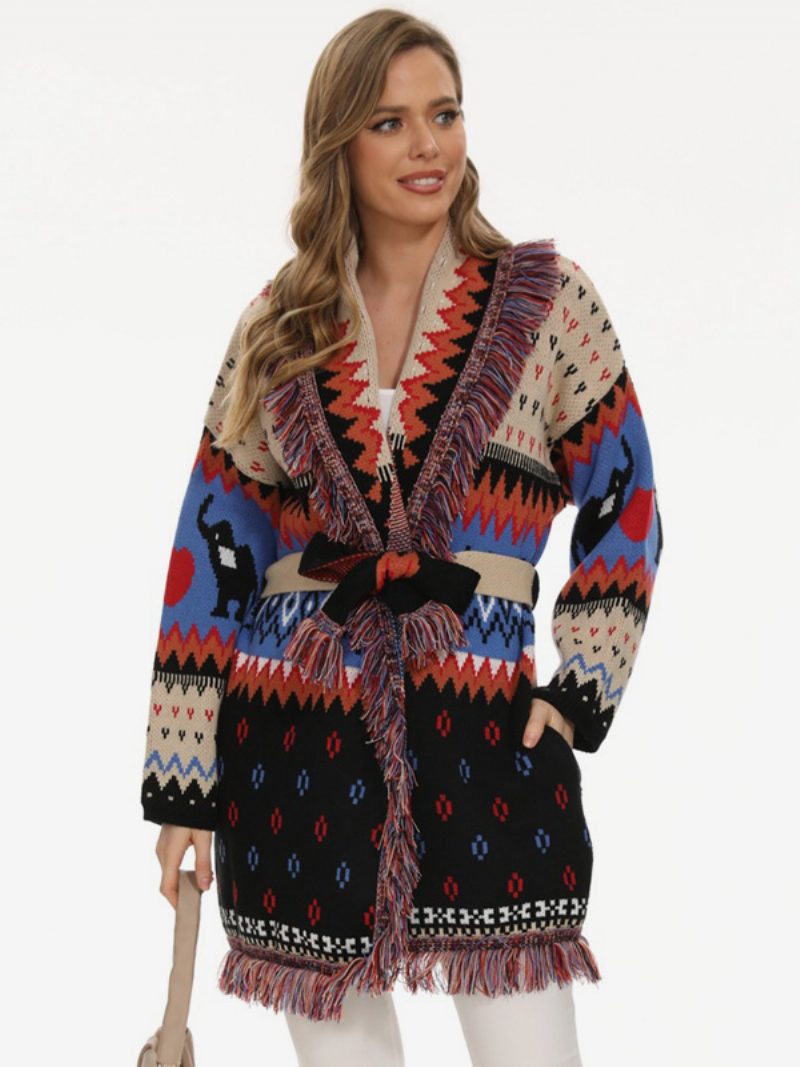 Damen-jacquard-cardigans Quastenbesatz Gürtel Tiermuster Geometrisch Boho-pullover - Schwarz