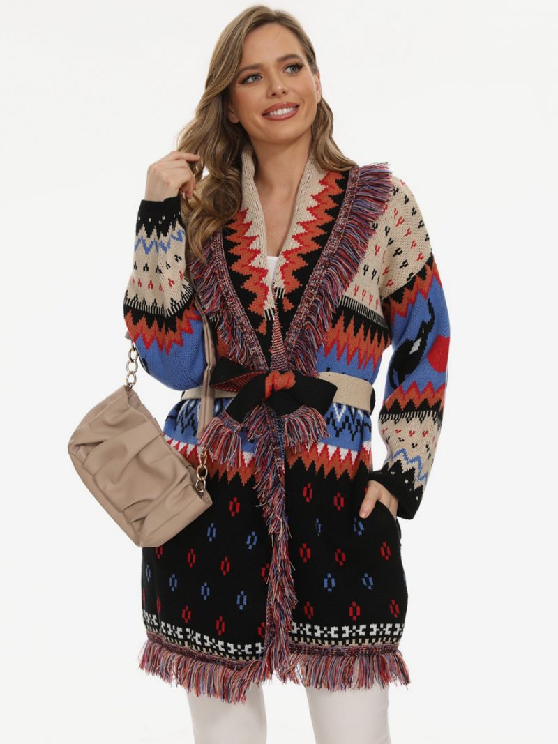 Damen-jacquard-cardigans Quastenbesatz Gürtel Tiermuster Geometrisch Boho-pullover - Schwarz