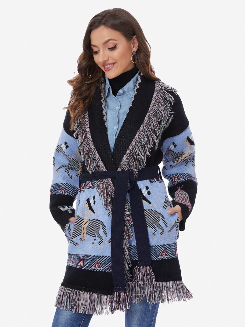 Damen-jacquard-cardigans Quastenbesatz Gürtel Wollmischung Bohemian-inspirierter Pullover - Helles Himmelblau