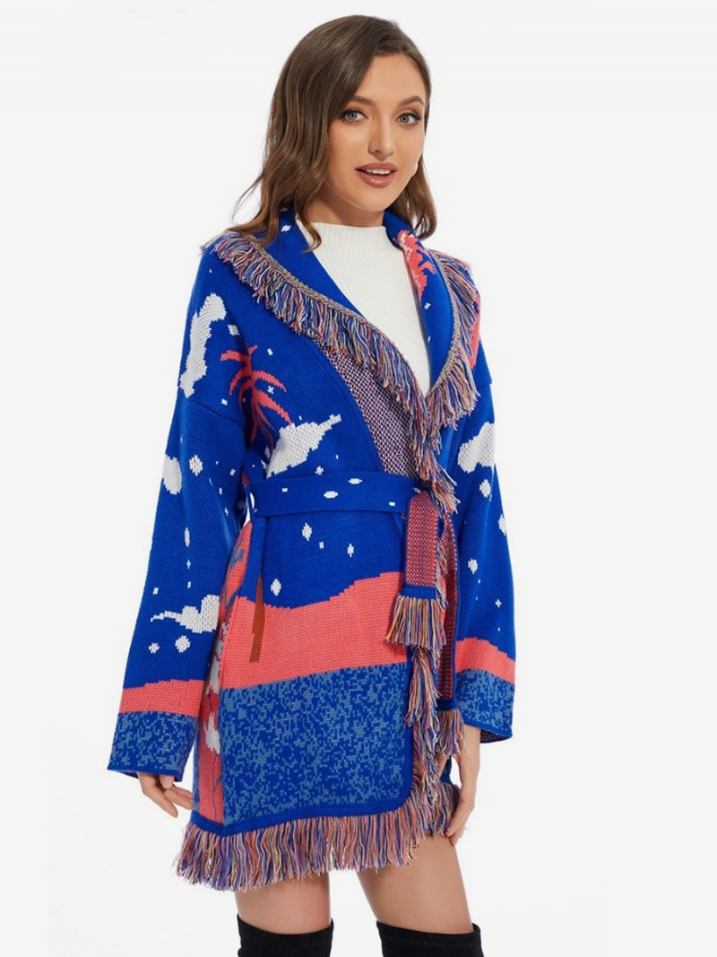 Damen-jacquard-cardigans Wolken Quastenbesatz Gürtel Boho-pullover Aus Wollmischung - Blau