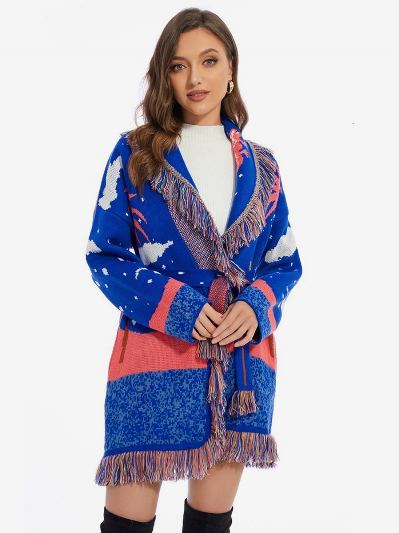 Damen-jacquard-cardigans Wolken Quastenbesatz Gürtel Boho-pullover Aus Wollmischung - Blau