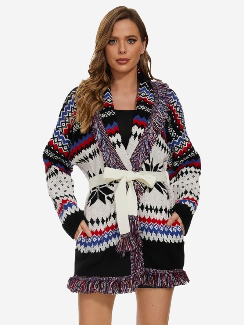 Damen-jacquard-strickjacken Fischgrätmuster Quastenbesatz Gürtel Boho-pullover Aus Wollmischung