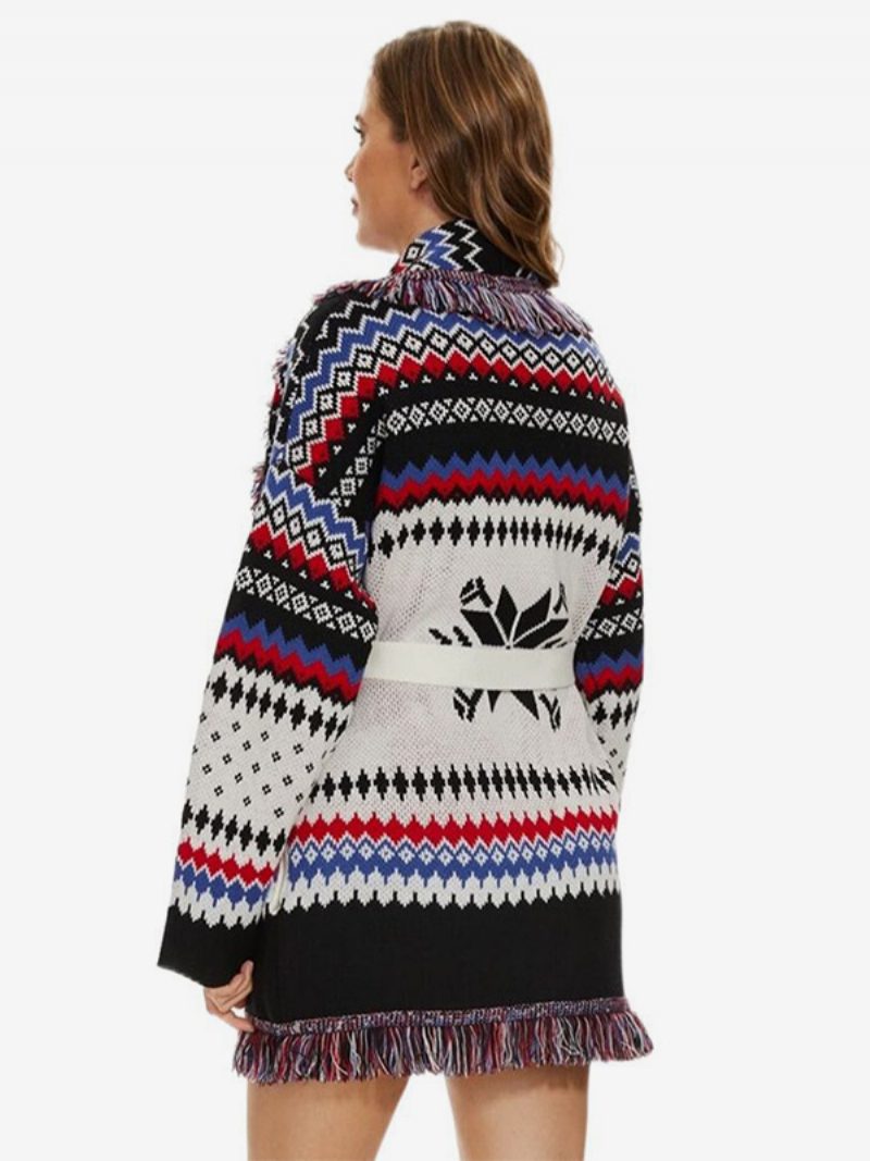 Damen-jacquard-strickjacken Fischgrätmuster Quastenbesatz Gürtel Boho-pullover Aus Wollmischung - Weiß