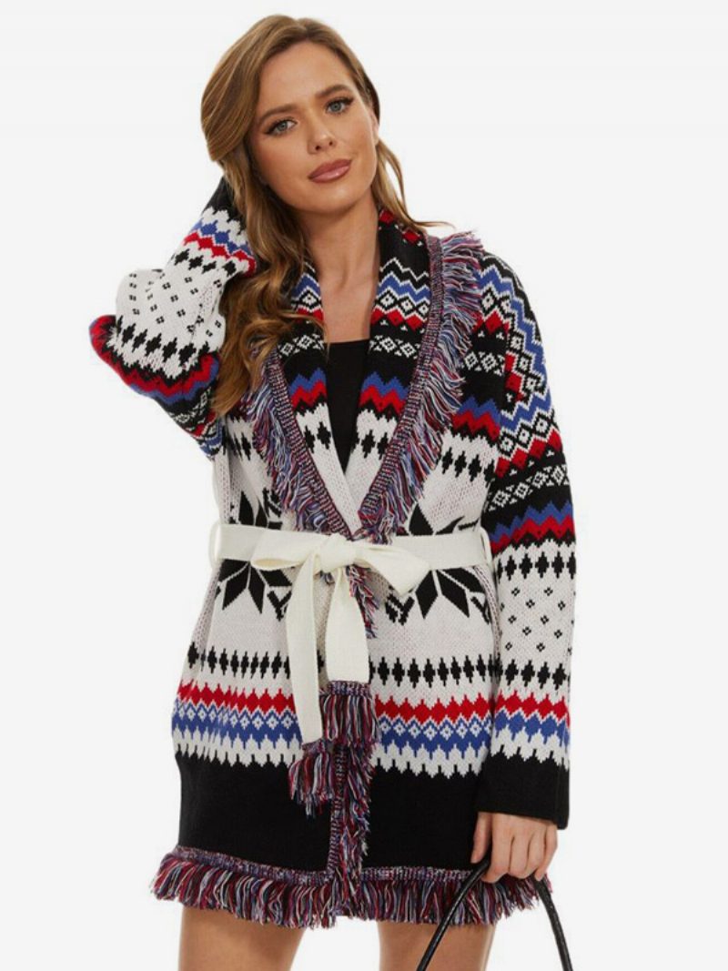 Damen-jacquard-strickjacken Fischgrätmuster Quastenbesatz Gürtel Boho-pullover Aus Wollmischung - Weiß