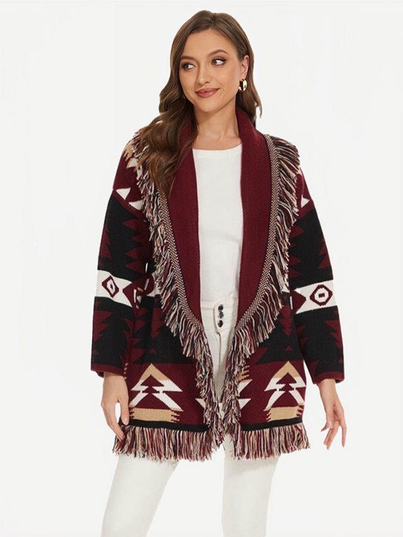 Damen-jacquard-strickjacken Mit Geometrischem Quastenbesatz Und Gürtel Aus Wollmischung Im Boho-stil - Burgund