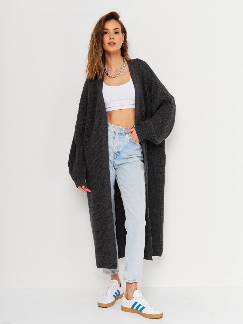 Damen-longline-cardigan Vorne Offen Schulterfrei Lässig Elegant - Tiefgrau