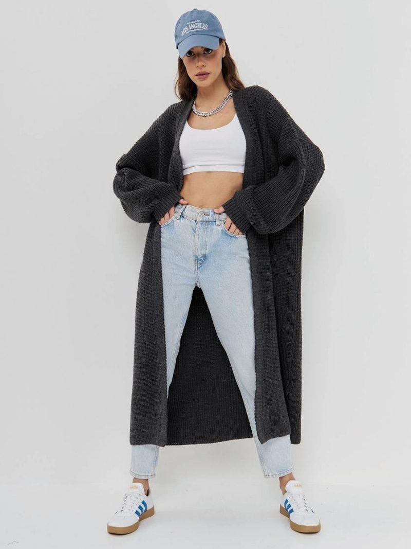 Damen-longline-cardigan Vorne Offen Schulterfrei Lässig Elegant - Tiefgrau