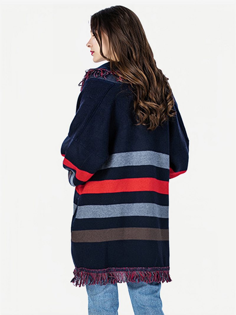 Dunkelblauer Damen-cardigan Mit Horizontalen Streifen Quastenbesatz Und Gürtel Aus Wollmischung - Dunkles Marineblau