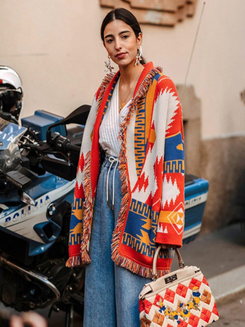 Dunkelblauer Jacquard-cardigan Für Damen Mit Quastenbesatz Und Gürtel Aus Wollmischung Freizeitpullover - Orange