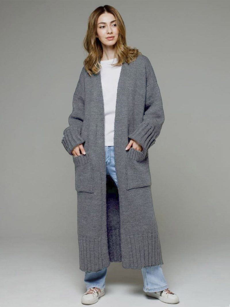 Longline-cardigan Mit Langen Ärmeln Überschnittener Schulter Und Geripptem Damenpullover