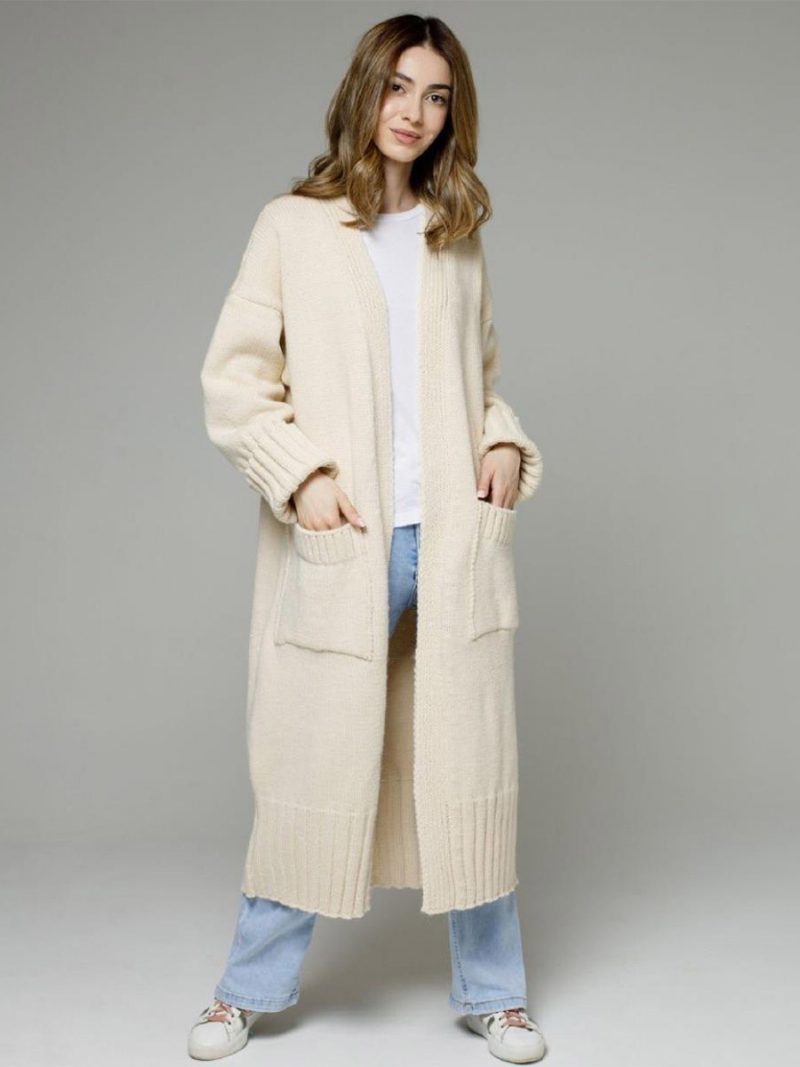 Longline-cardigan Mit Langen Ärmeln Überschnittener Schulter Und Geripptem Damenpullover - Beige