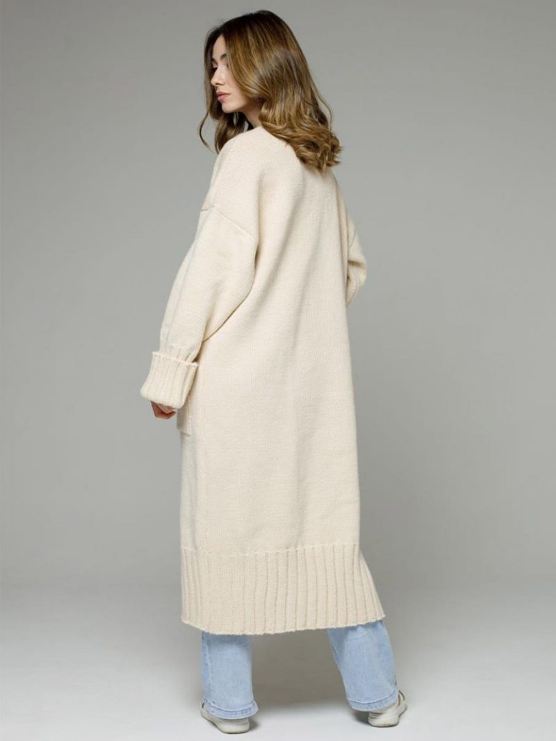 Longline-cardigan Mit Langen Ärmeln Überschnittener Schulter Und Geripptem Damenpullover - Beige