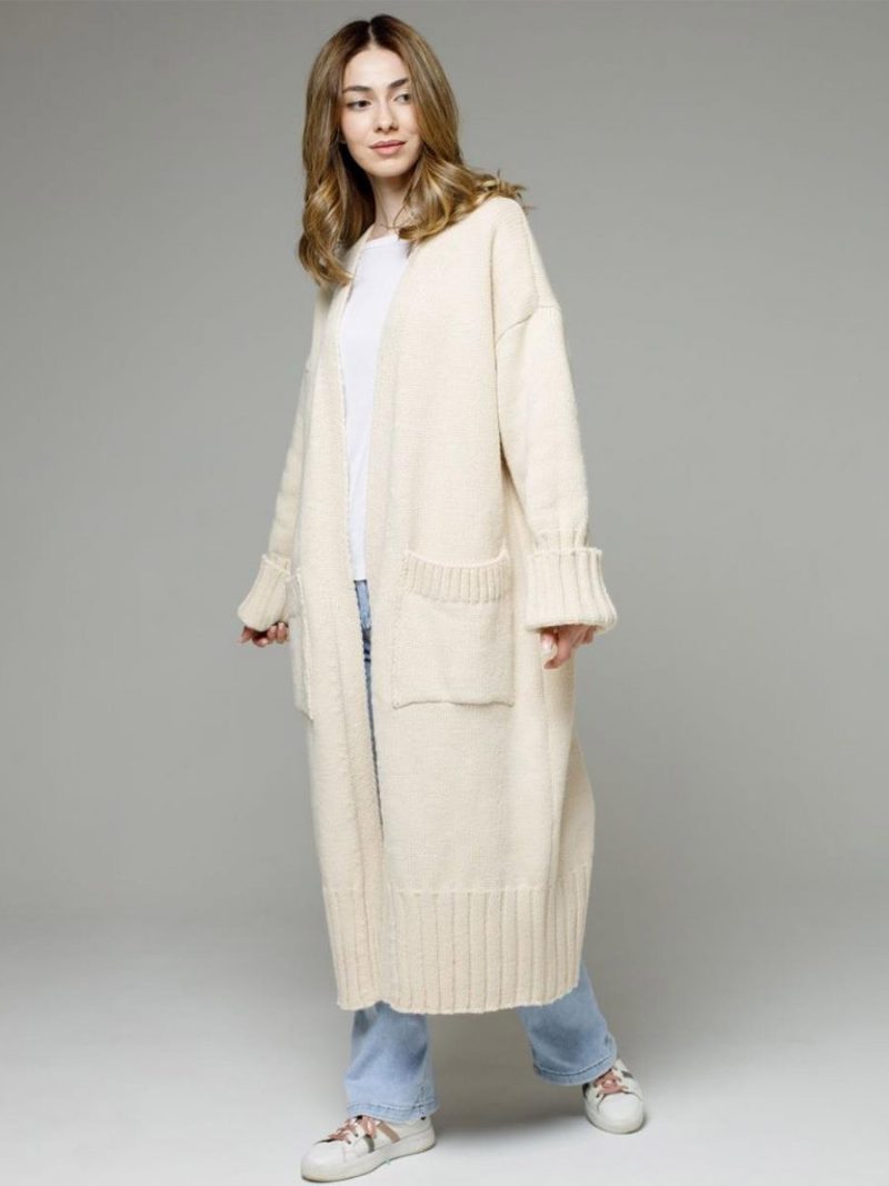 Longline-cardigan Mit Langen Ärmeln Überschnittener Schulter Und Geripptem Damenpullover - Beige