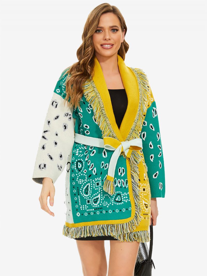 Neuer Jacquard-cardigan Für Damen Mit Quastenbesatz Und Gürtel Im Boho-stil Aus Wollmischung - Grün